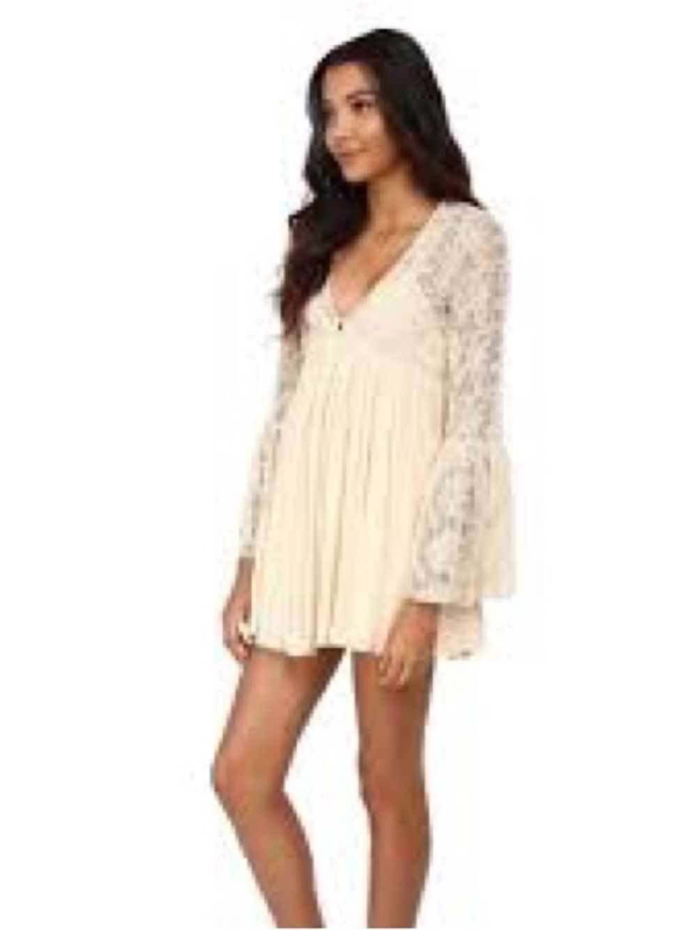 Free People With Love from India Boho Lace Bell-Sleeve Mini Dress in Cream S - Picture 2 of 6